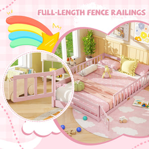 Queen Size Floor Bed Kids Montessori Bed Frame with Full Length Safety Guardrails