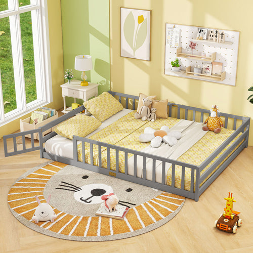 Queen Size Floor Bed Kids Montessori Bed Frame with Full Length Safety Guardrails
