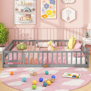 Queen Size Floor Bed Kids Montessori Bed Frame with Full Length Safety Guardrails