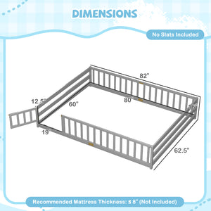 Queen Size Floor Bed Kids Montessori Bed Frame with Full Length Safety Guardrails