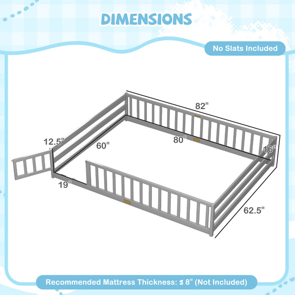 Queen Size Floor Bed Kids Montessori Bed Frame with Full Length Safety Guardrails