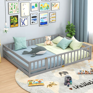 Queen Size Floor Bed Kids Montessori Bed Frame with Full Length Safety Guardrails