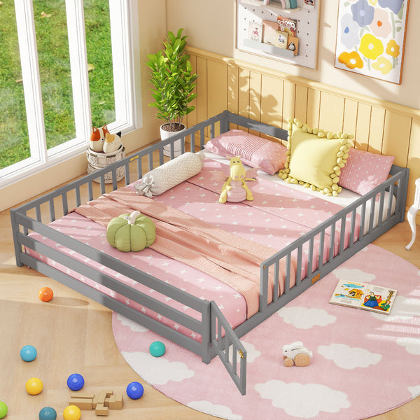 Queen Size Floor Bed Kids Montessori Bed Frame with Full Length Safety Guardrails