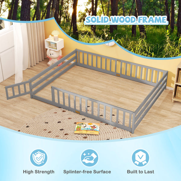 Queen Size Floor Bed Kids Montessori Bed Frame with Full Length Safety Guardrails