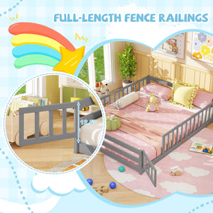 Queen Size Floor Bed Kids Montessori Bed Frame with Full Length Safety Guardrails