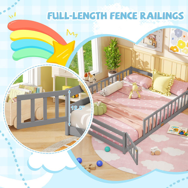 Queen Size Floor Bed Kids Montessori Bed Frame with Full Length Safety Guardrails