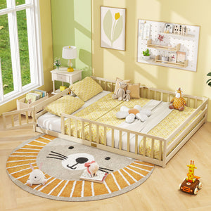 Queen Size Floor Bed Kids Montessori Bed Frame with Full Length Safety Guardrails