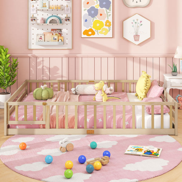Queen Size Floor Bed Kids Montessori Bed Frame with Full Length Safety Guardrails