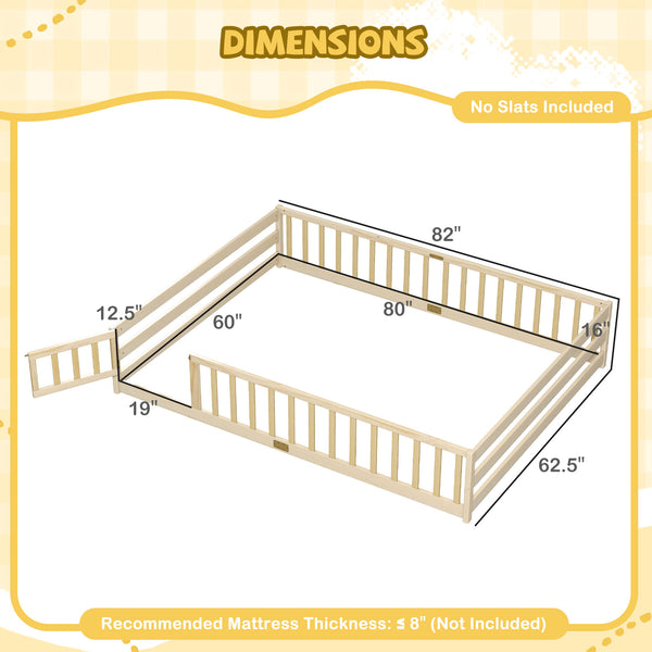 Queen Size Floor Bed Kids Montessori Bed Frame with Full Length Safety Guardrails
