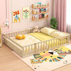 Queen Size Floor Bed Kids Montessori Bed Frame with Full Length Safety Guardrails