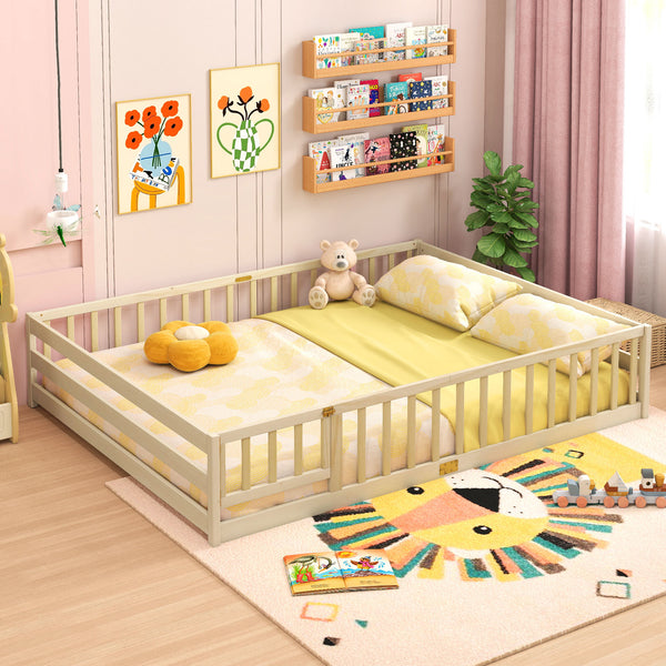 Queen Size Floor Bed Kids Montessori Bed Frame with Full Length Safety Guardrails