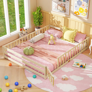 Queen Size Floor Bed Kids Montessori Bed Frame with Full Length Safety Guardrails