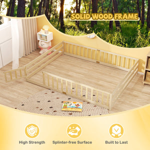 Queen Size Floor Bed Kids Montessori Bed Frame with Full Length Safety Guardrails