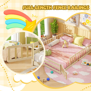 Queen Size Floor Bed Kids Montessori Bed Frame with Full Length Safety Guardrails