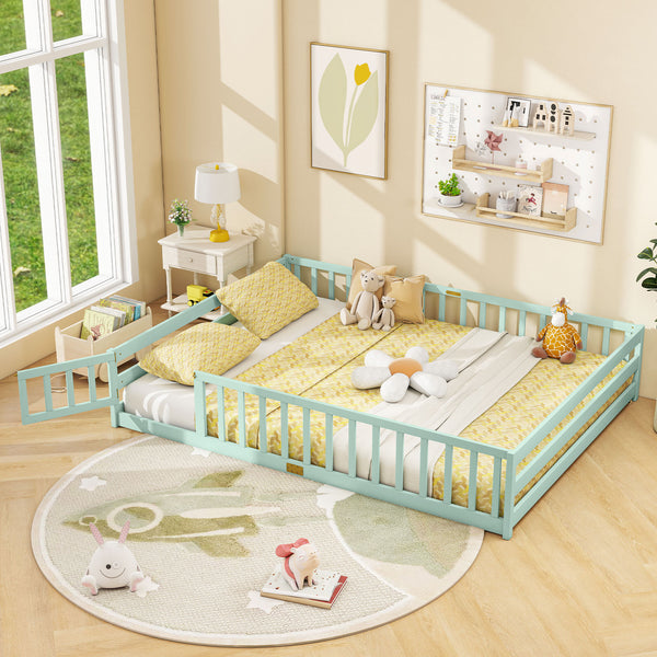 Queen Size Floor Bed Kids Montessori Bed Frame with Full Length Safety Guardrails