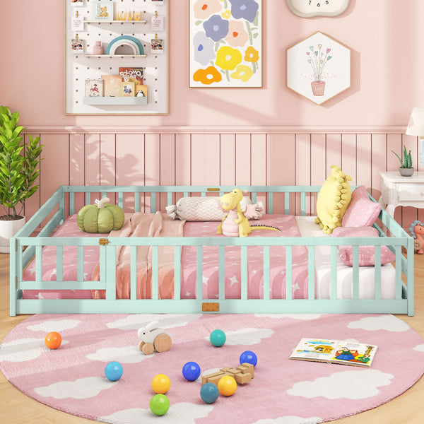 Queen Size Floor Bed Kids Montessori Bed Frame with Full Length Safety Guardrails