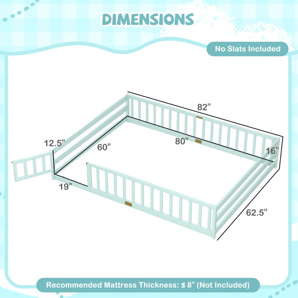 Queen Size Floor Bed Kids Montessori Bed Frame with Full Length Safety Guardrails