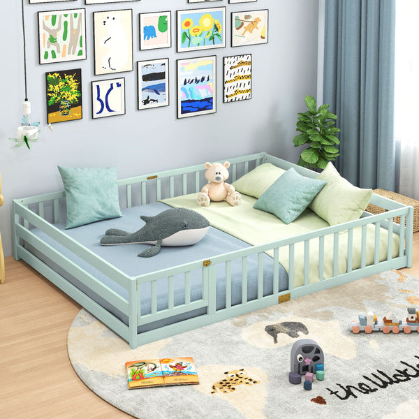 Queen Size Floor Bed Kids Montessori Bed Frame with Full Length Safety Guardrails
