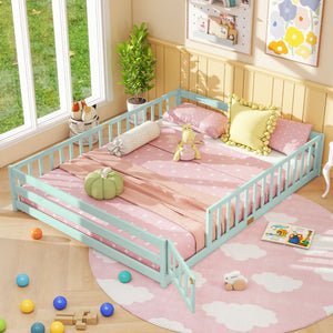 Queen Size Floor Bed Kids Montessori Bed Frame with Full Length Safety Guardrails