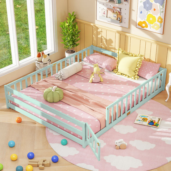 Queen Size Floor Bed Kids Montessori Bed Frame with Full Length Safety Guardrails