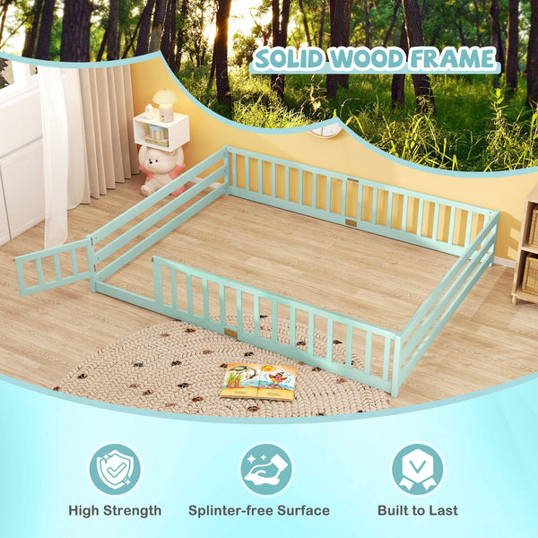 Queen Size Floor Bed Kids Montessori Bed Frame with Full Length Safety Guardrails