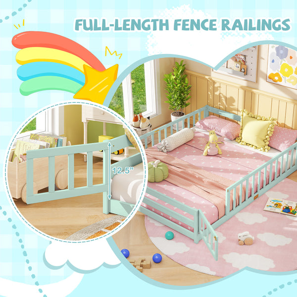 Queen Size Floor Bed Kids Montessori Bed Frame with Full Length Safety Guardrails