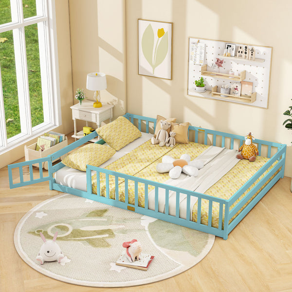 Queen Size Floor Bed Kids Montessori Bed Frame with Full Length Safety Guardrails