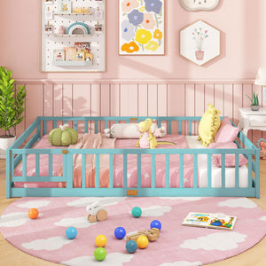 Queen Size Floor Bed Kids Montessori Bed Frame with Full Length Safety Guardrails