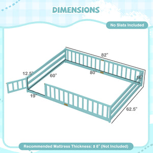 Queen Size Floor Bed Kids Montessori Bed Frame with Full Length Safety Guardrails