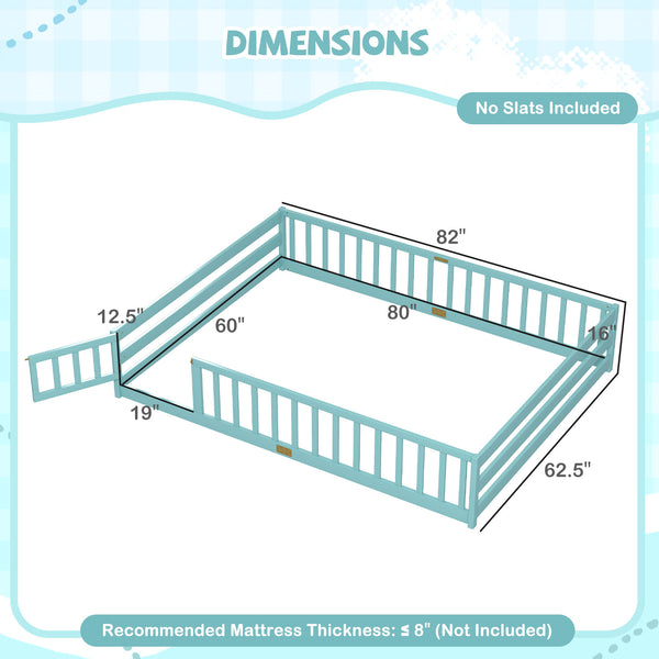 Queen Size Floor Bed Kids Montessori Bed Frame with Full Length Safety Guardrails