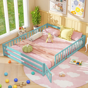 Queen Size Floor Bed Kids Montessori Bed Frame with Full Length Safety Guardrails