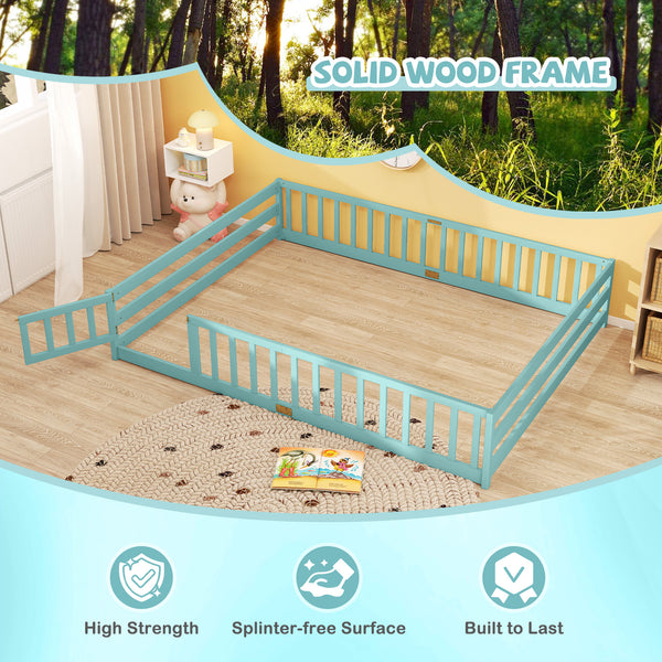Queen Size Floor Bed Kids Montessori Bed Frame with Full Length Safety Guardrails