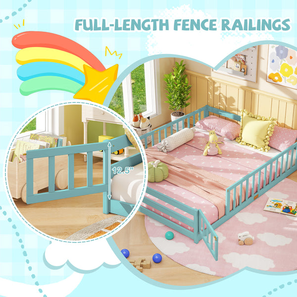 Queen Size Floor Bed Kids Montessori Bed Frame with Full Length Safety Guardrails