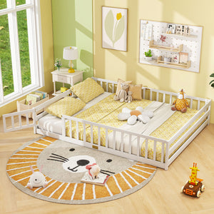 Queen Size Floor Bed Kids Montessori Bed Frame with Full Length Safety Guardrails