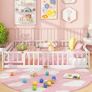Queen Size Floor Bed Kids Montessori Bed Frame with Full Length Safety Guardrails