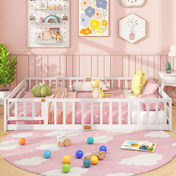 Queen Size Floor Bed Kids Montessori Bed Frame with Full Length Safety Guardrails
