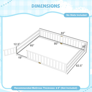 Queen Size Floor Bed Kids Montessori Bed Frame with Full Length Safety Guardrails