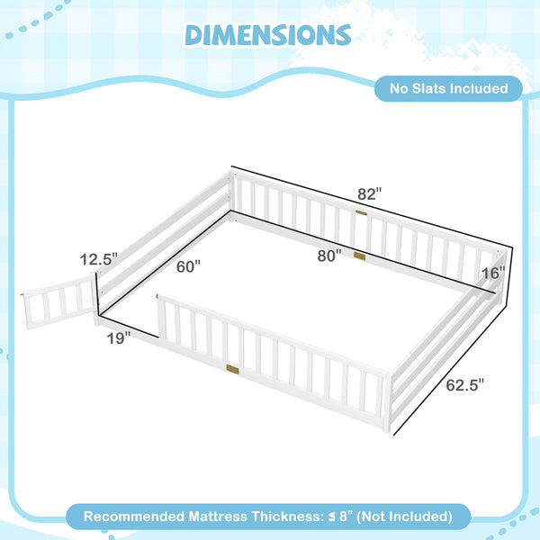 Queen Size Floor Bed Kids Montessori Bed Frame with Full Length Safety Guardrails