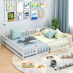 Queen Size Floor Bed Kids Montessori Bed Frame with Full Length Safety Guardrails