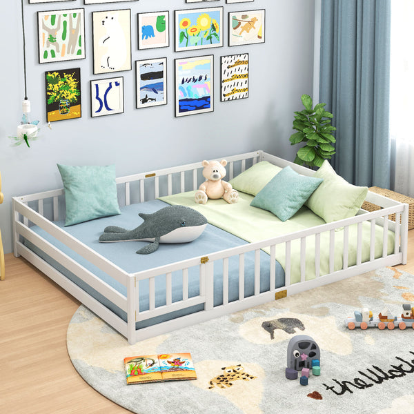 Queen Size Floor Bed Kids Montessori Bed Frame with Full Length Safety Guardrails