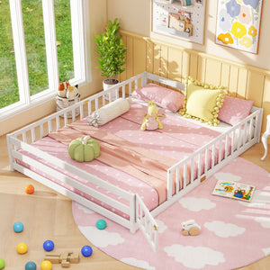 Queen Size Floor Bed Kids Montessori Bed Frame with Full Length Safety Guardrails