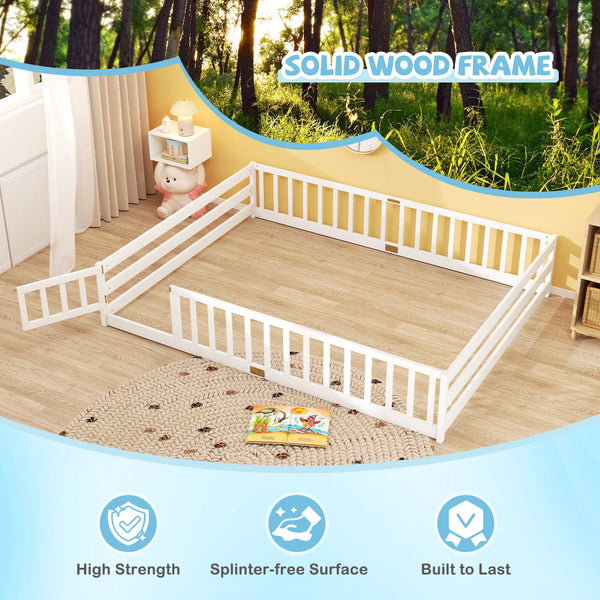 Queen Size Floor Bed Kids Montessori Bed Frame with Full Length Safety Guardrails