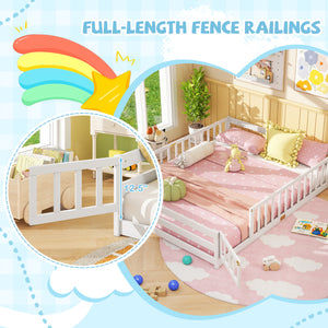 Queen Size Floor Bed Kids Montessori Bed Frame with Full Length Safety Guardrails