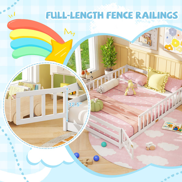 Queen Size Floor Bed Kids Montessori Bed Frame with Full Length Safety Guardrails