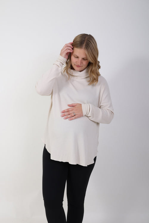 Delilah thermal long sleeve cowl neck maternity top in angle 10 view, perfect for comfort and style during pregnancy.