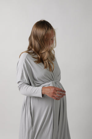 Goldie long sleeve loungewear maternity robe, stylish and comfortable for expecting mothers, angle view 6.