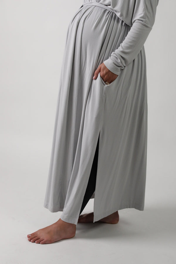 Goldie long sleeve lounge maternity robe in angle 9 view, perfect for comfort during pregnancy and nursing.