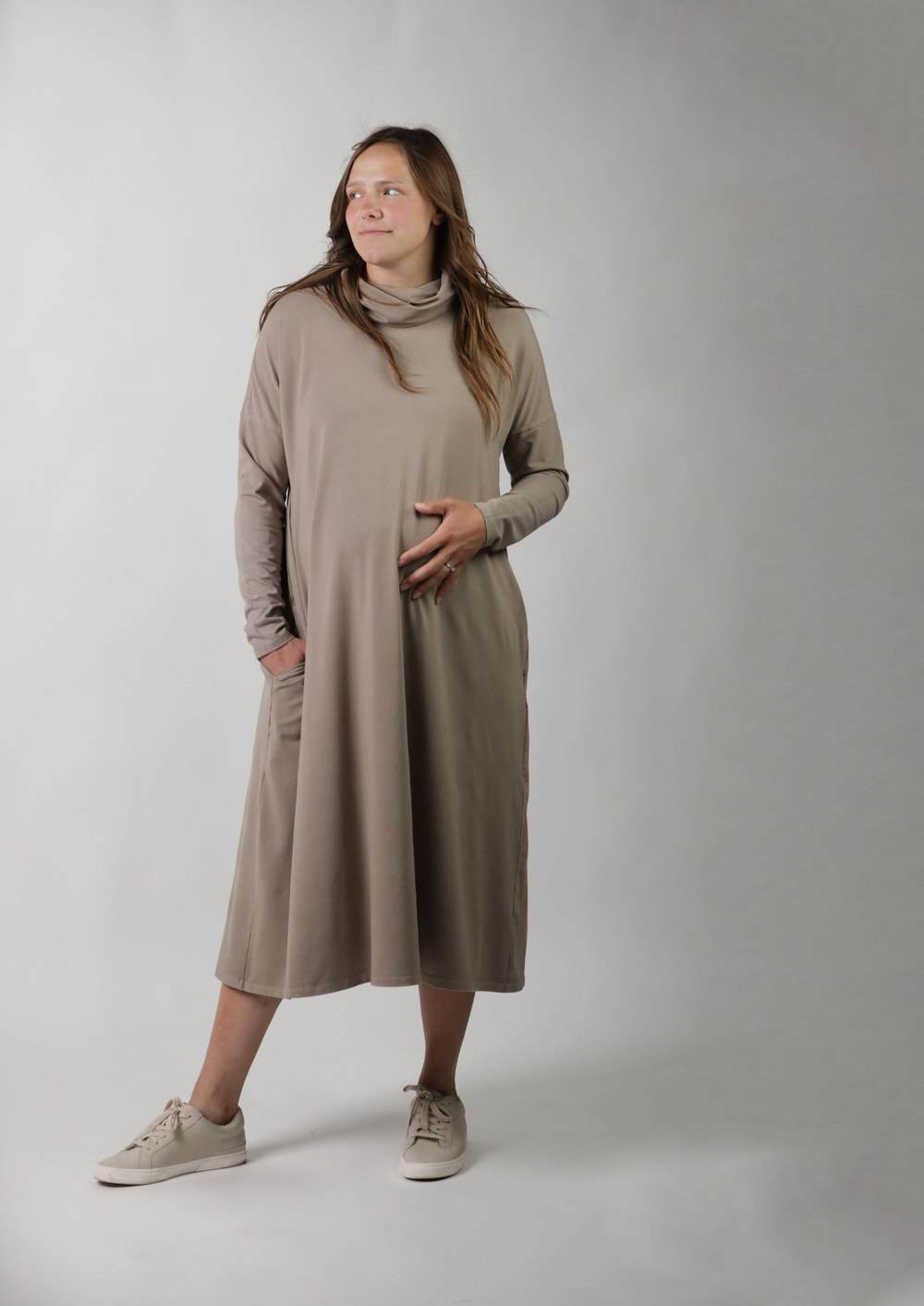 MEREDITH || COWL NECK LONG SLEEVE MATERNITY MIDI DRESS - FINAL SALE