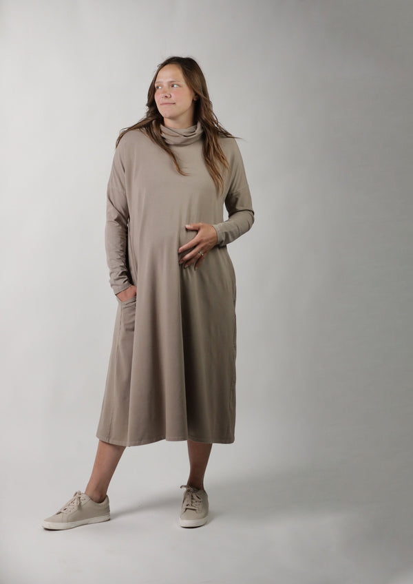 MEREDITH || COWL NECK LONG SLEEVE MATERNITY MIDI DRESS - FINAL SALE