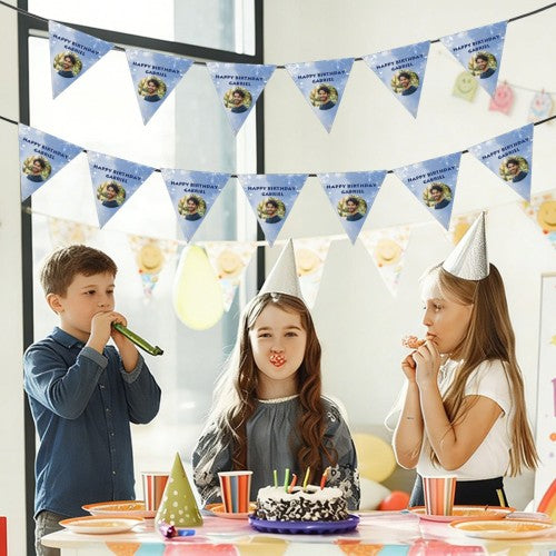 Personalized Photo Birthday Flag Banner – Custom Name & Age for Kids, Adults & Pets - Pink Peach or Blue